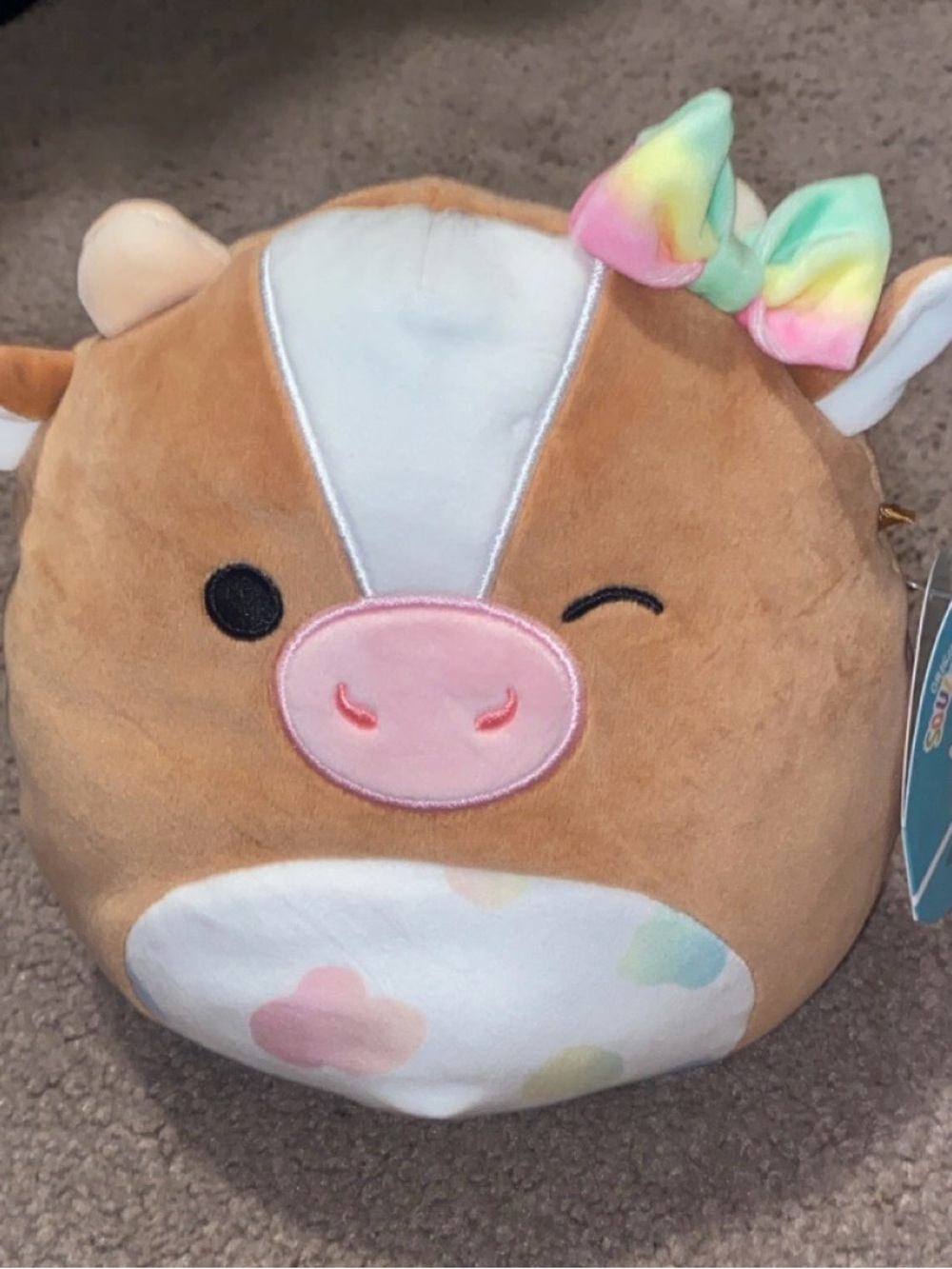 Griella Plush Cow Squishmallow Toy with Rainbow Bow - Brown Pink